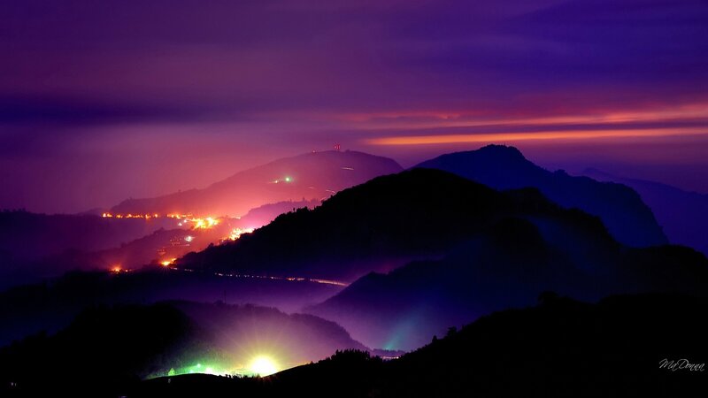 Mountain Village at Dusk — Purple, Dramatic