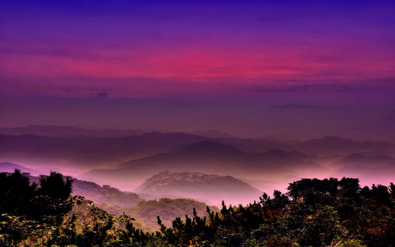 Mountain Village at Dusk — Purple