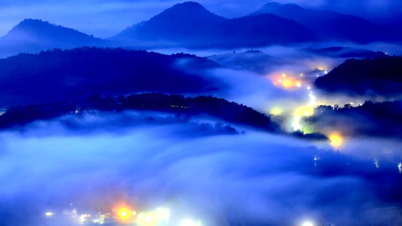 Mountain Village at Night — Blue
