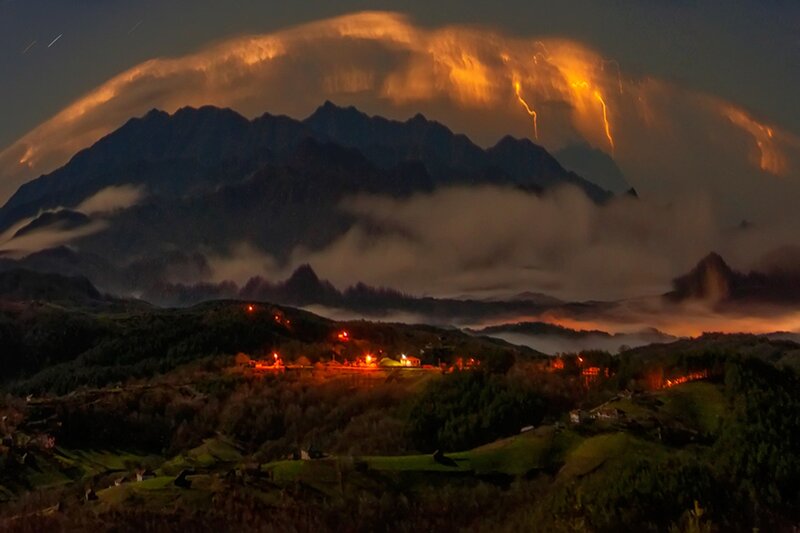 Mountain Village at Night — Orange