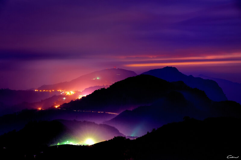 Mountain Village at Night — Purple