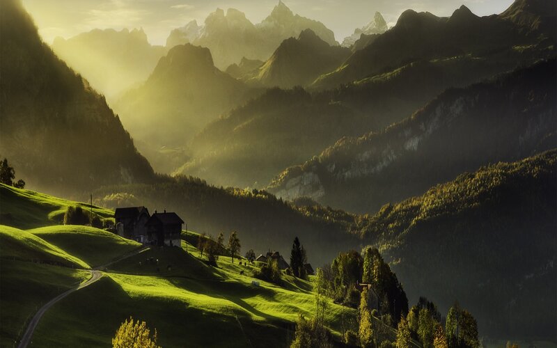 Mountain village at sunrise