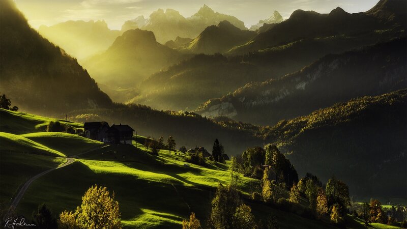 Mountain Village at Sunrise — Green, Serene, Photograph, Mountains, Hills