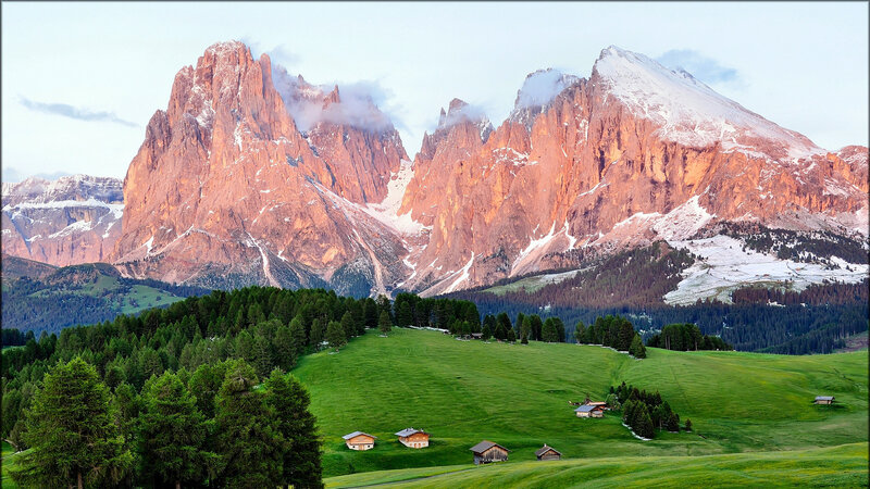 Mountain Village at Sunrise — Green, Serene, Photograph, Mountains