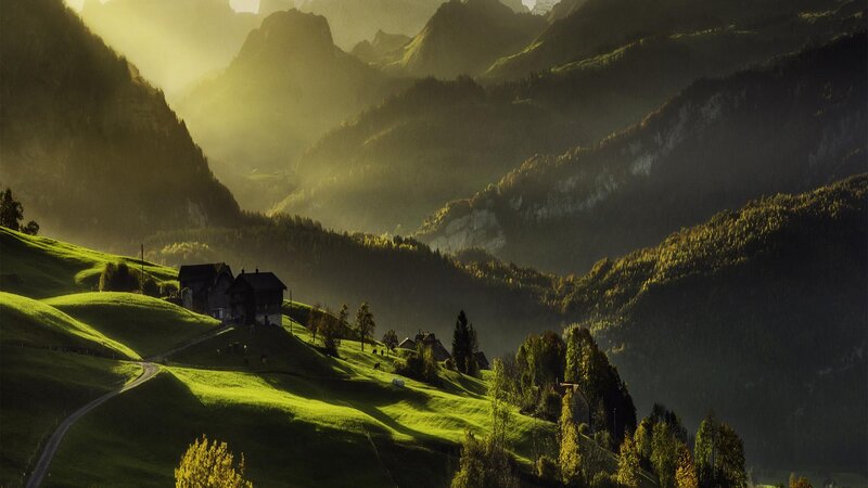 Mountain Village at Sunrise — Green, Serene, Photograph