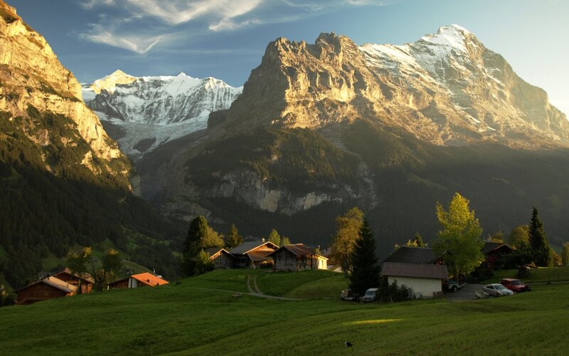 Mountain Village at Sunrise — Green, Serene