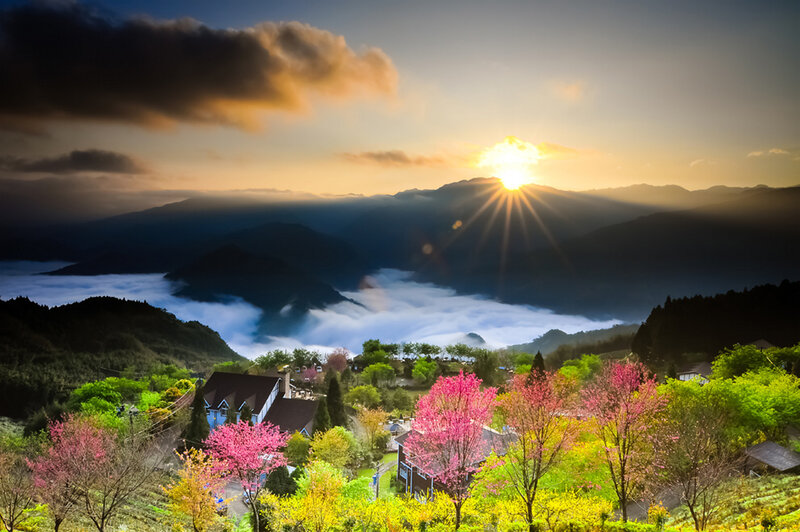 Mountain Village at Sunrise — Pink