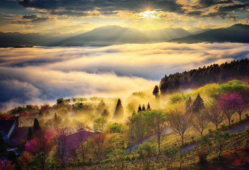 Mountain Village at Sunrise — Yellow