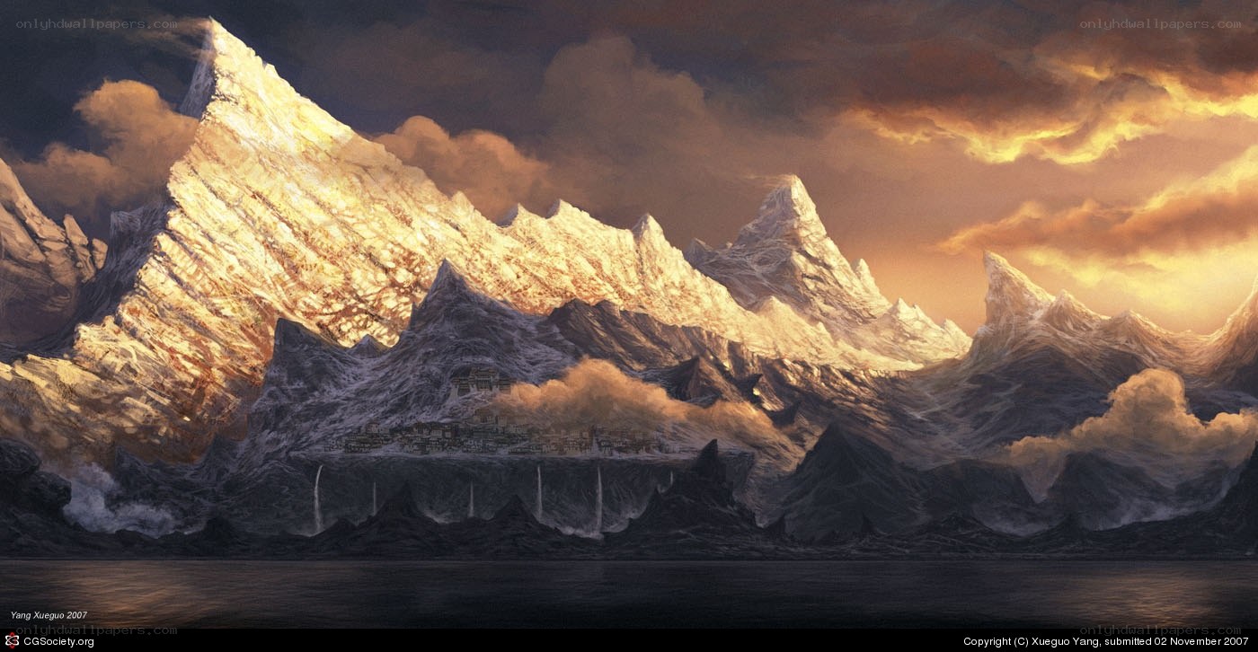 Mountain village at sunset