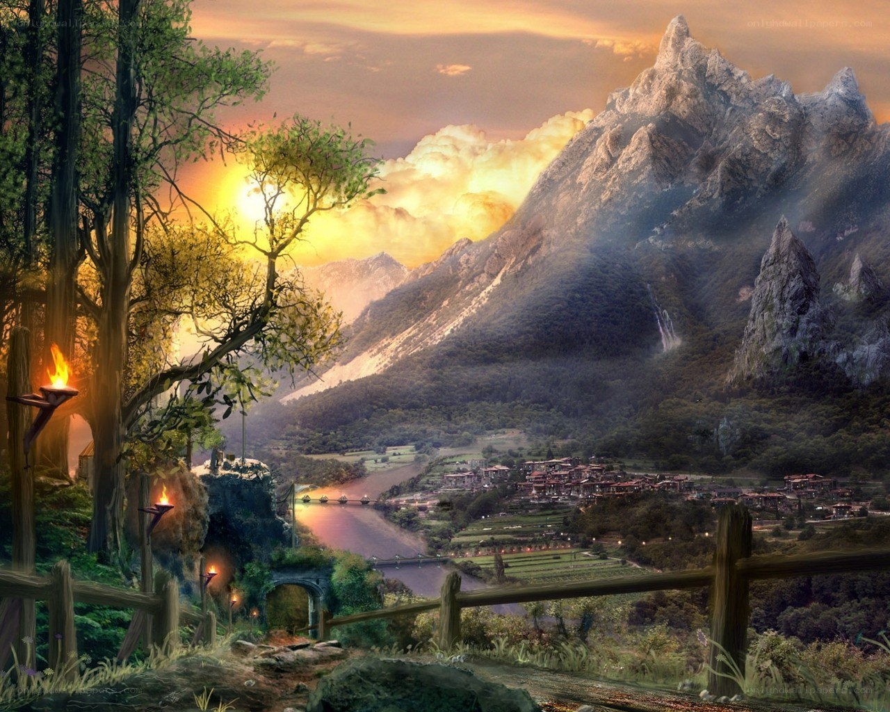 Mountain village at sunset