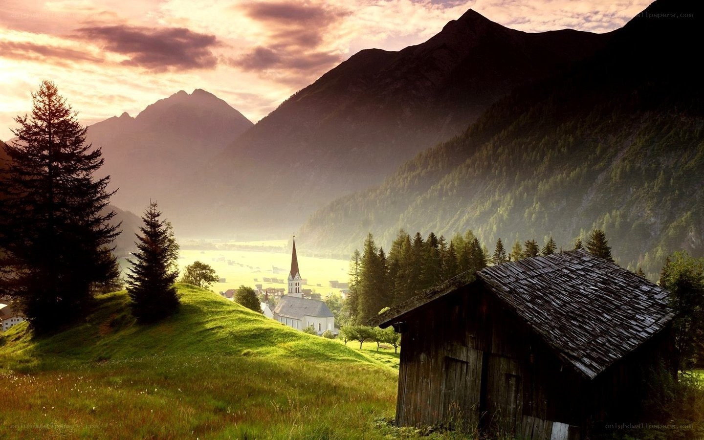 Mountain village at sunset