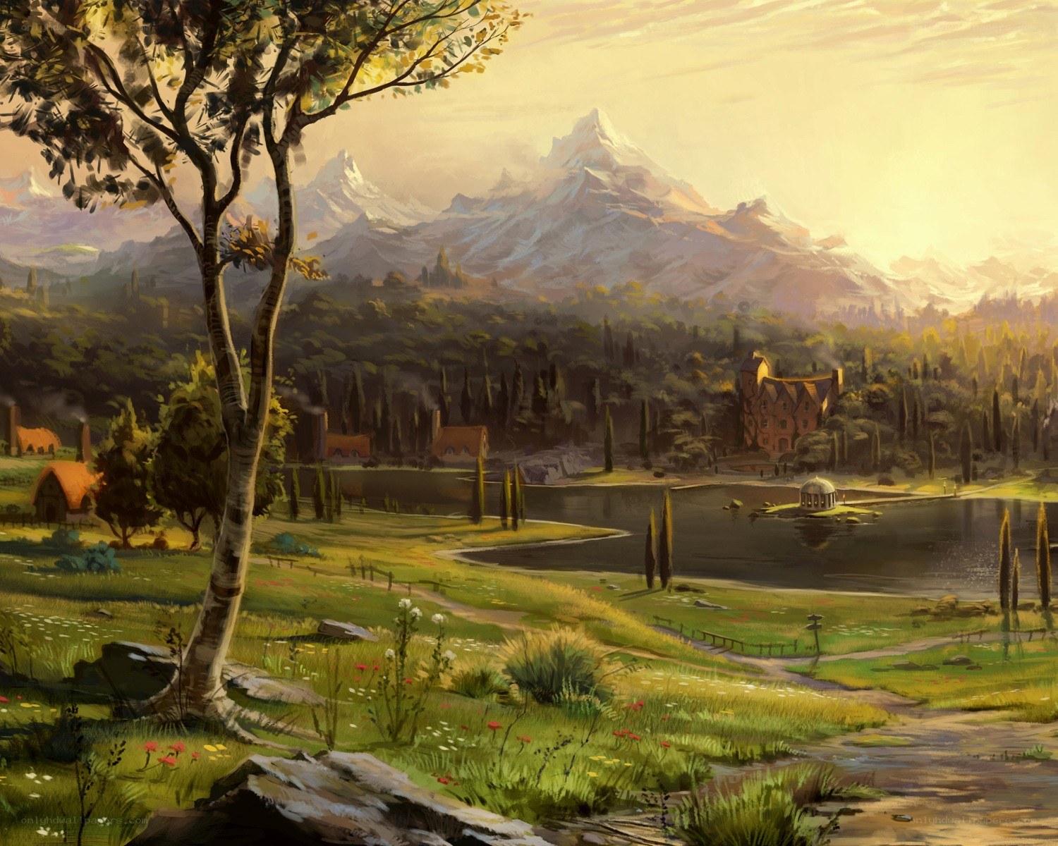 Mountain village at sunset