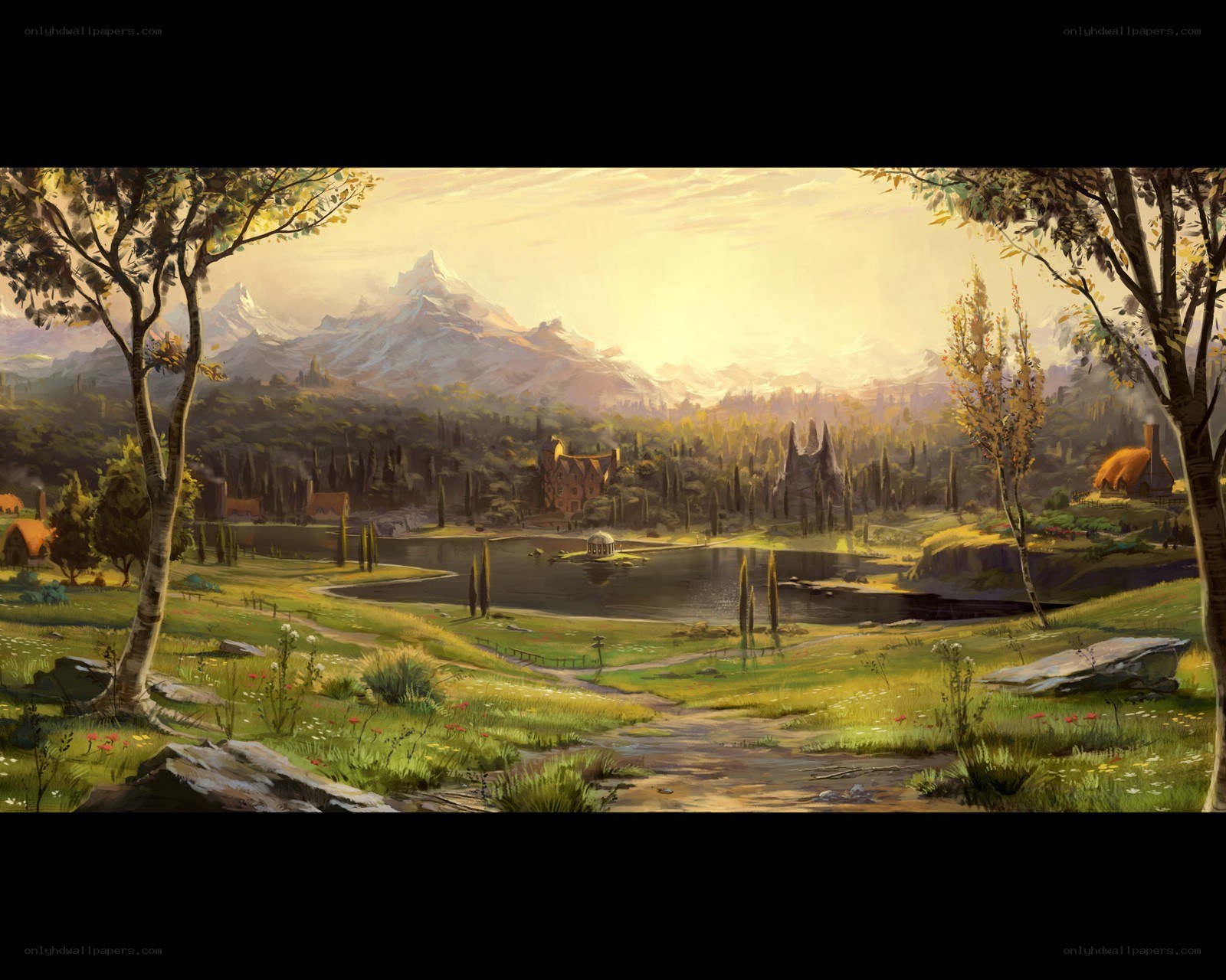 Mountain village at sunset