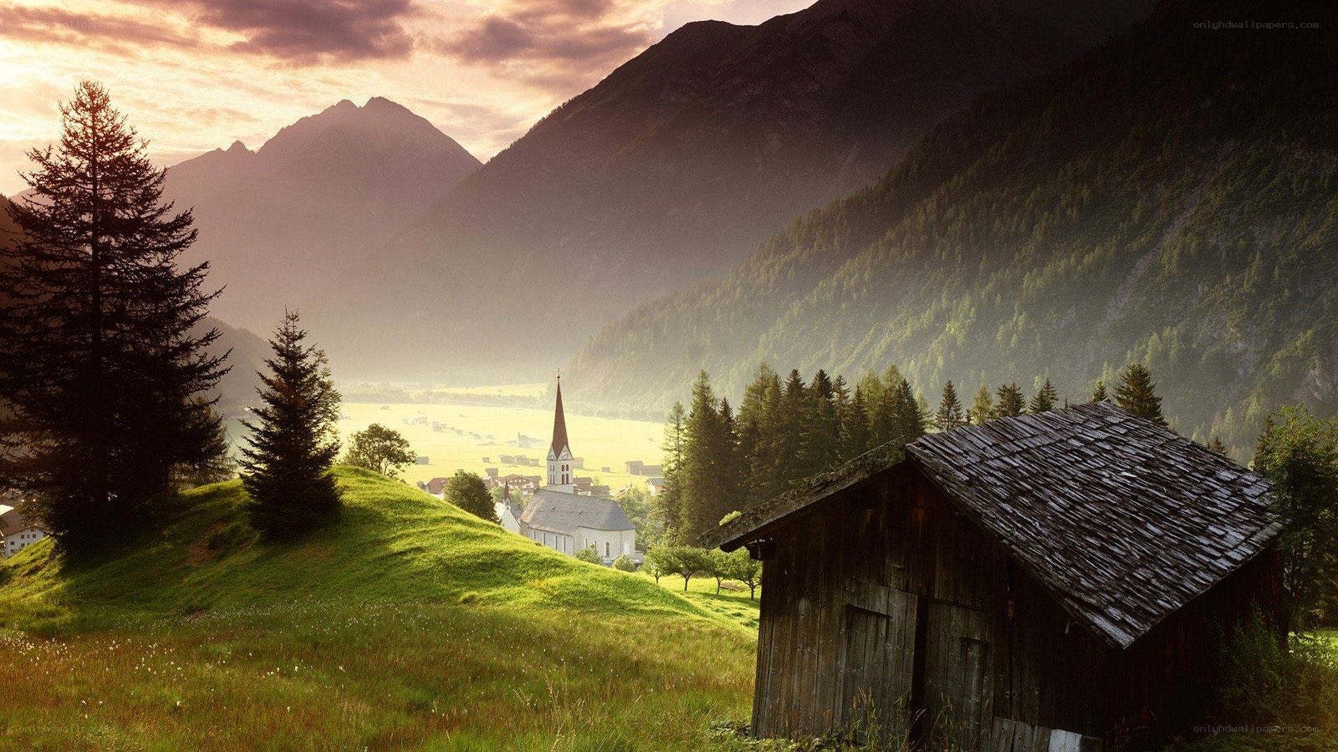 Mountain village at sunset