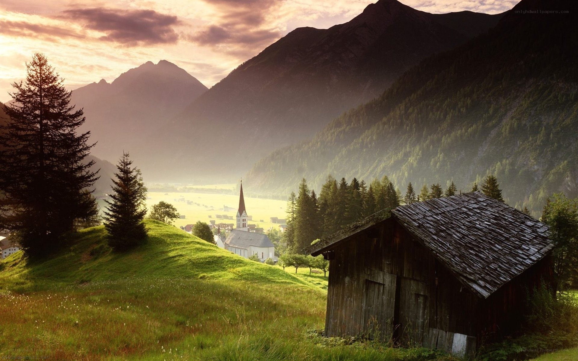 Mountain village at sunset