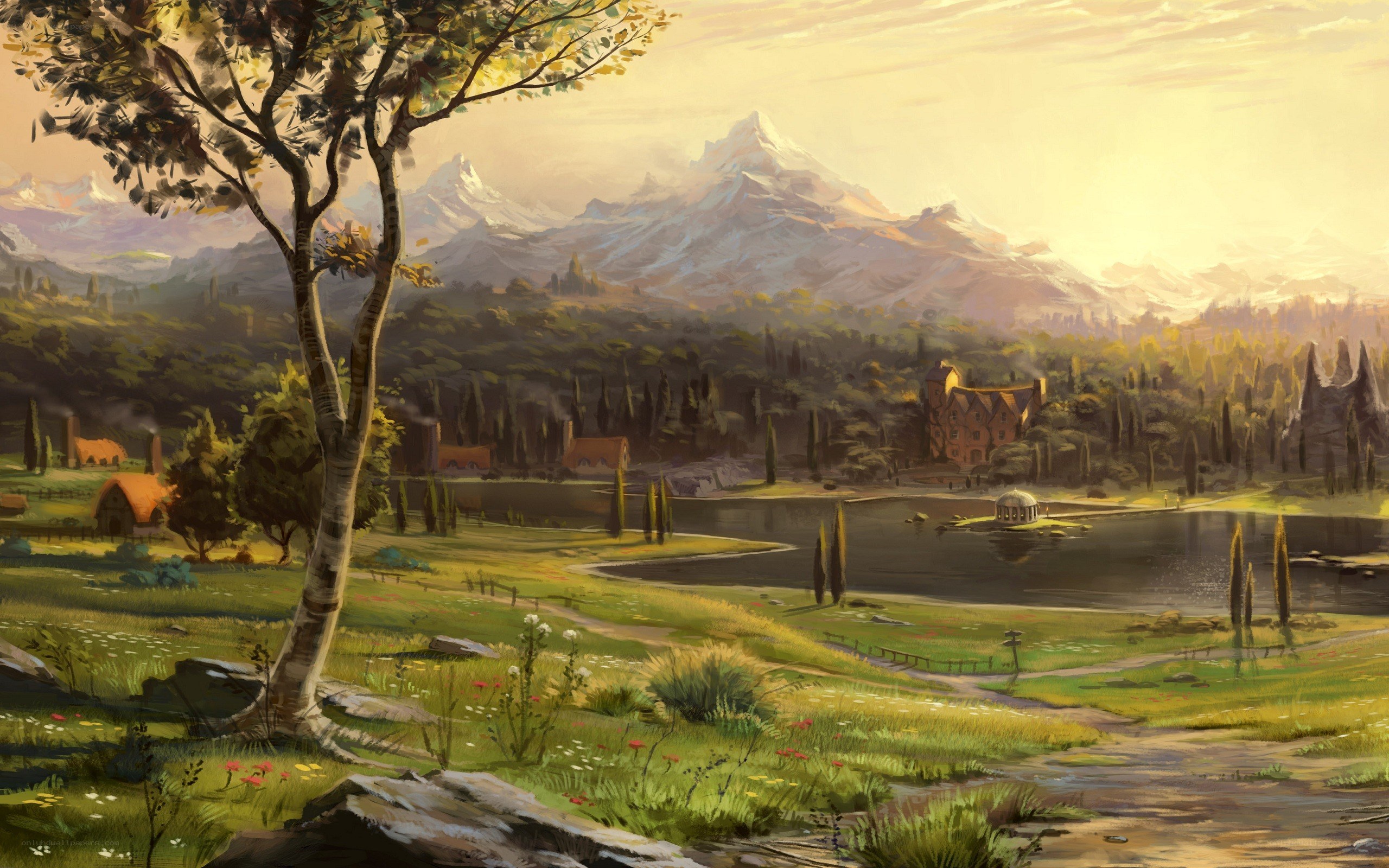 Mountain village at sunset