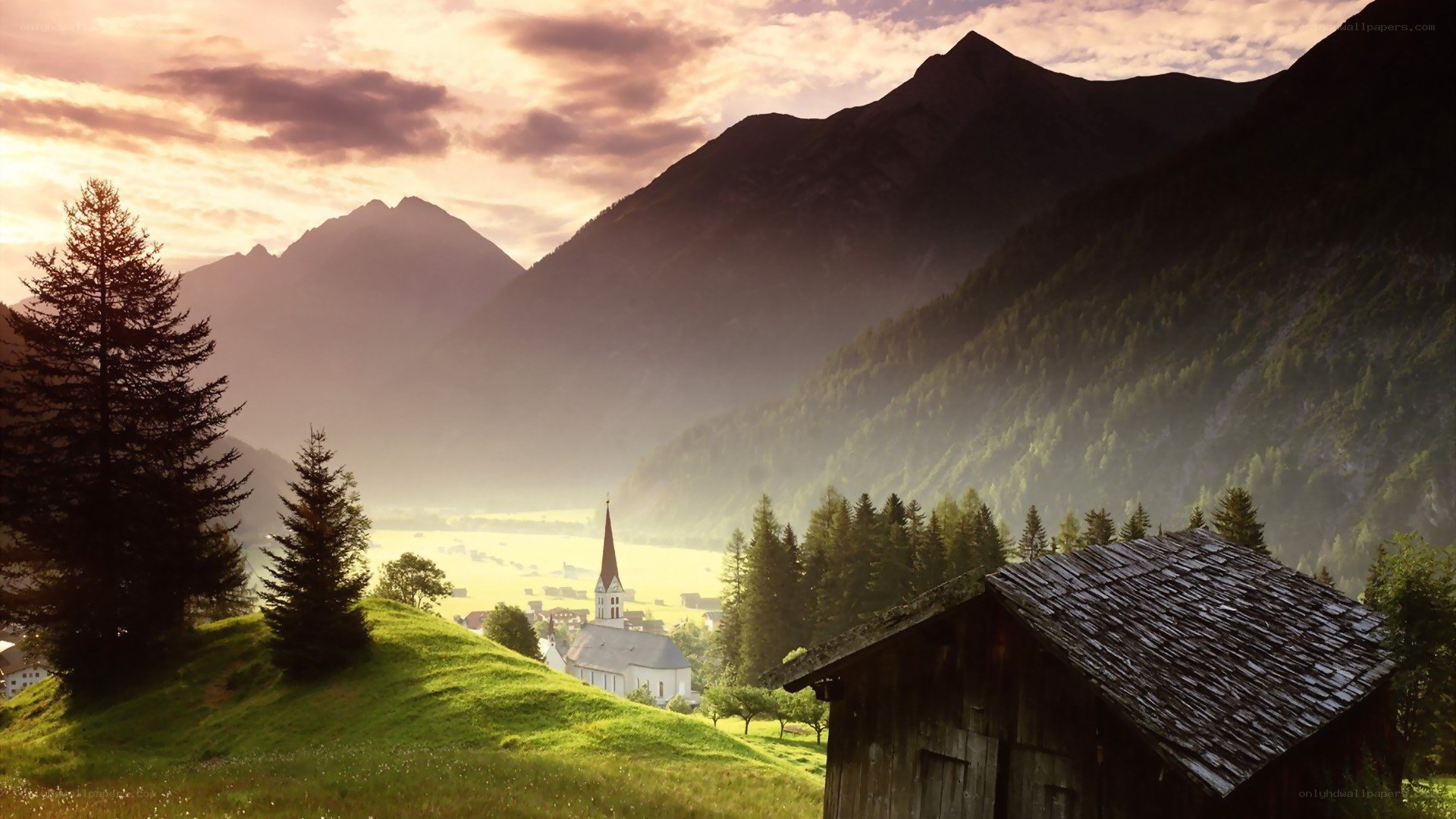 Mountain village at sunset