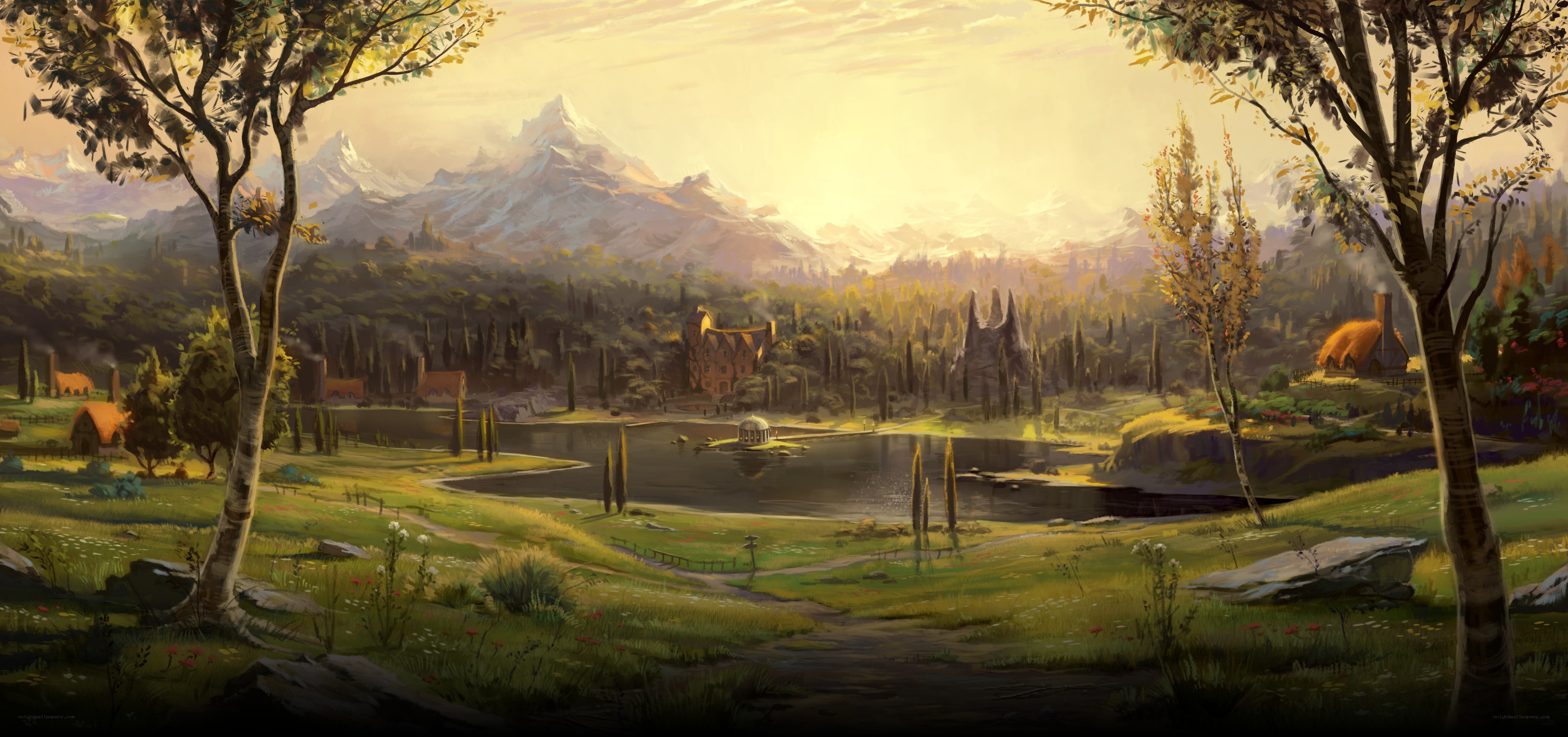 Mountain village at sunset
