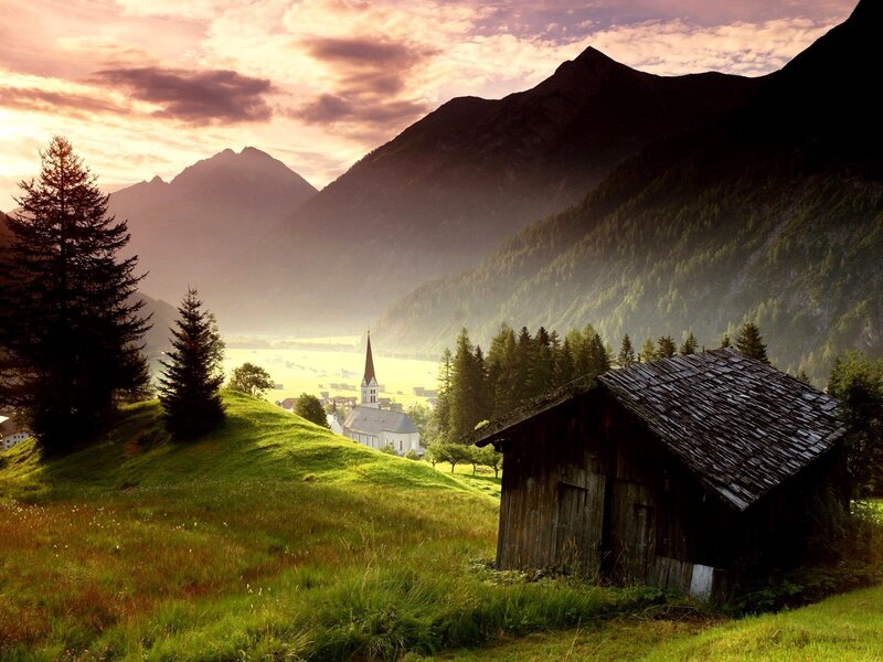 Mountain village at sunset