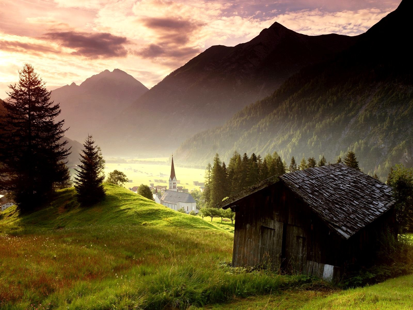 Mountain village at sunset