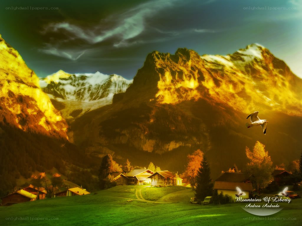 Mountain village at sunset