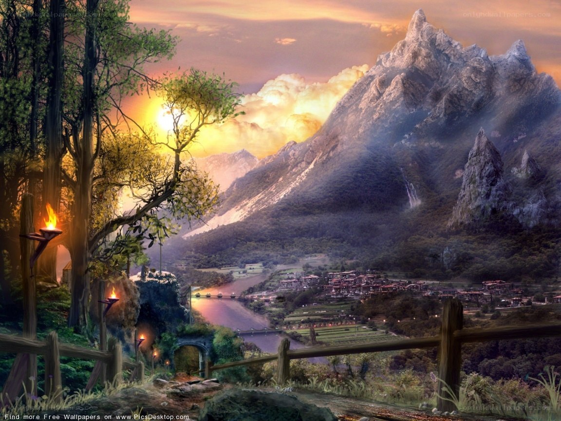 Mountain village at sunset