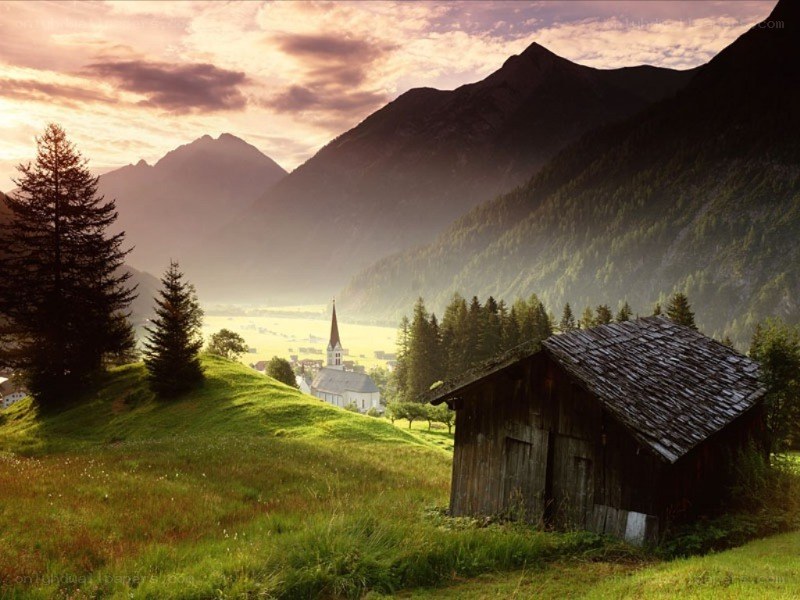 Mountain village at sunset