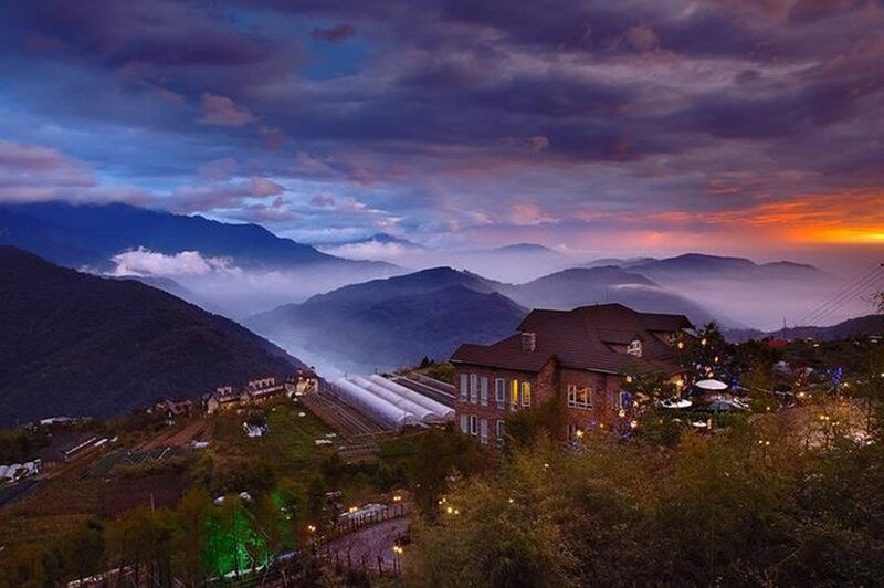 Mountain village at sunset