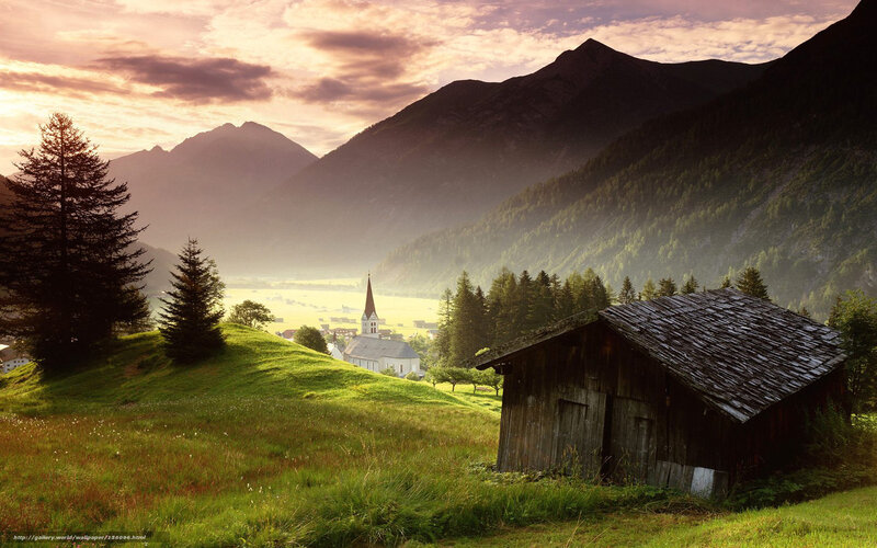 Mountain village at sunset