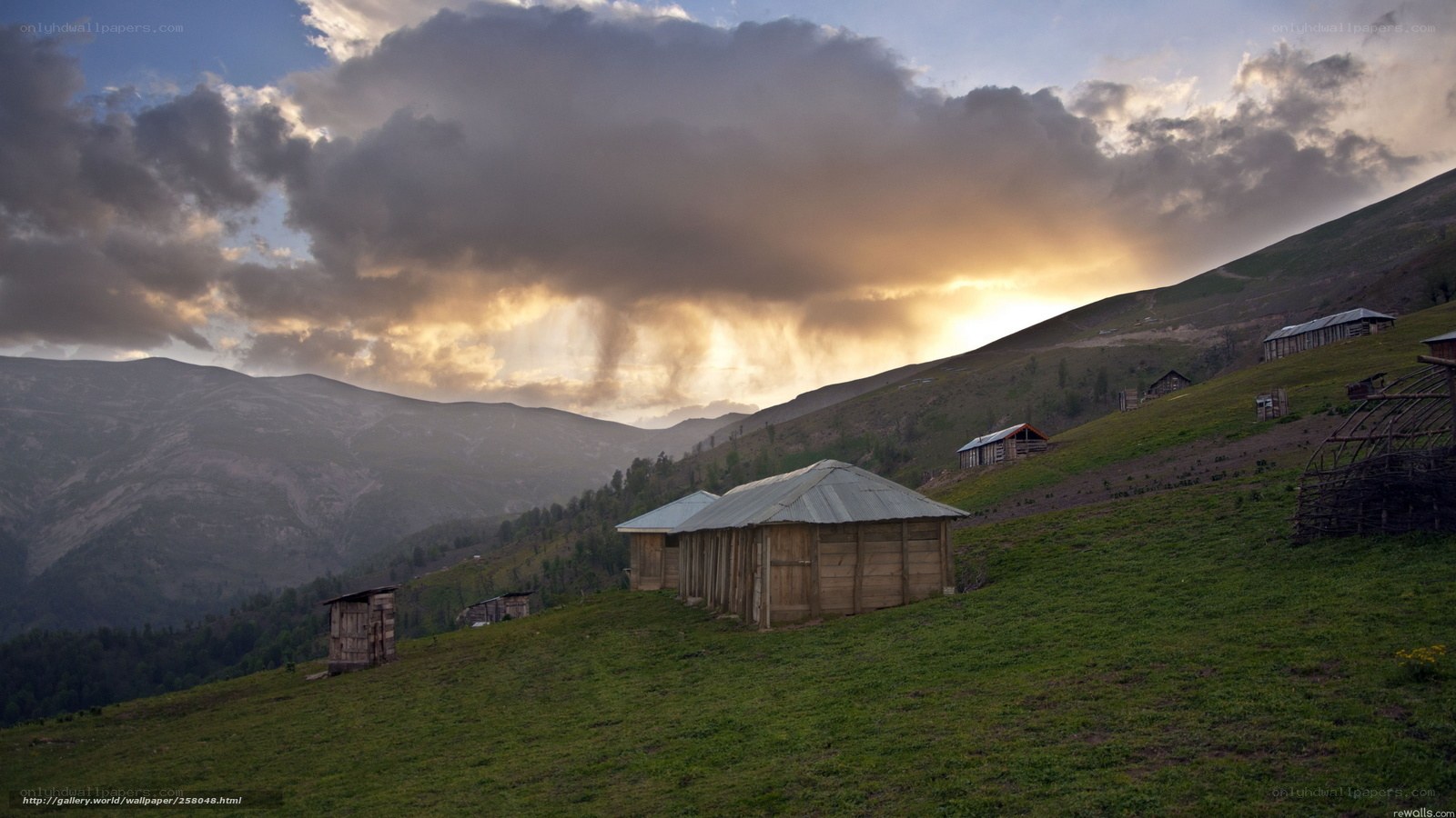 Mountain village at sunset