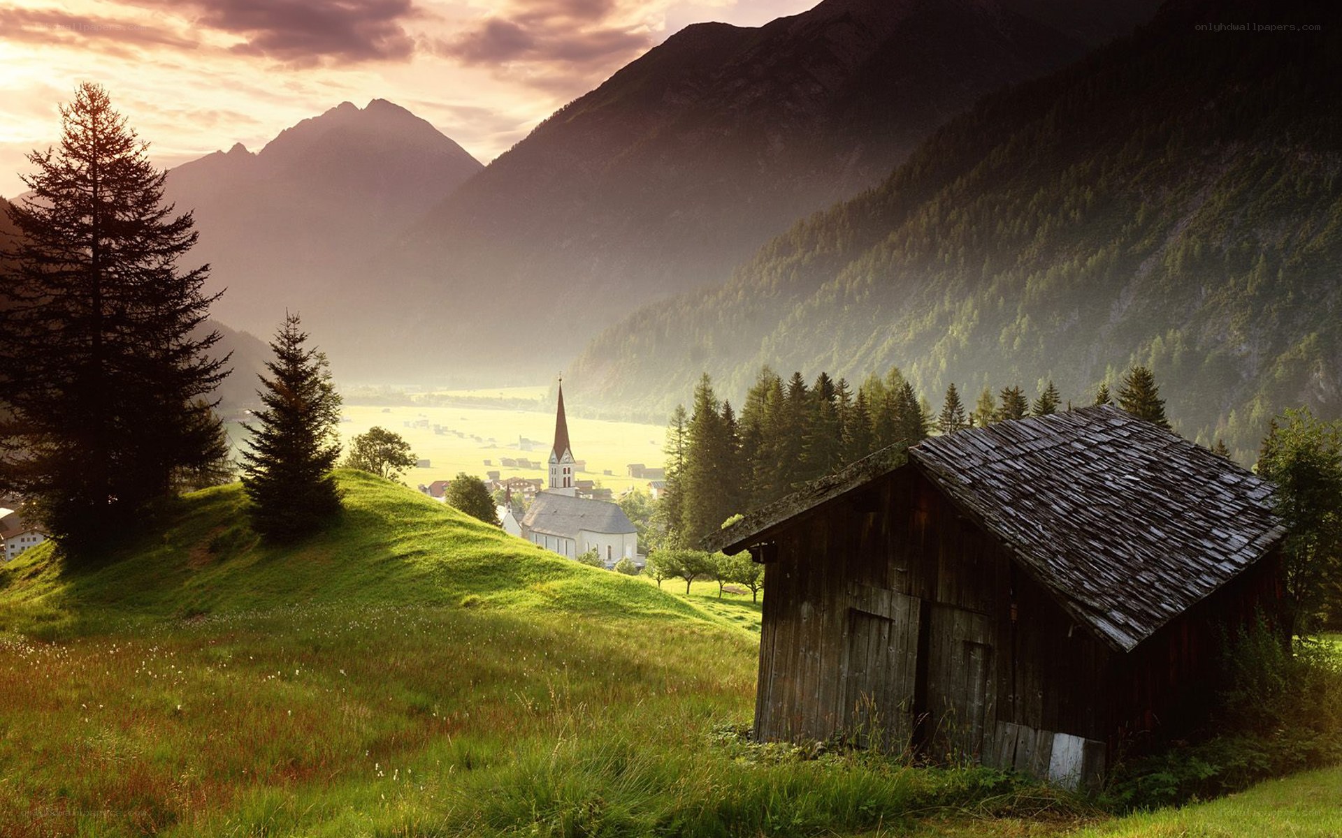 Mountain village at sunset