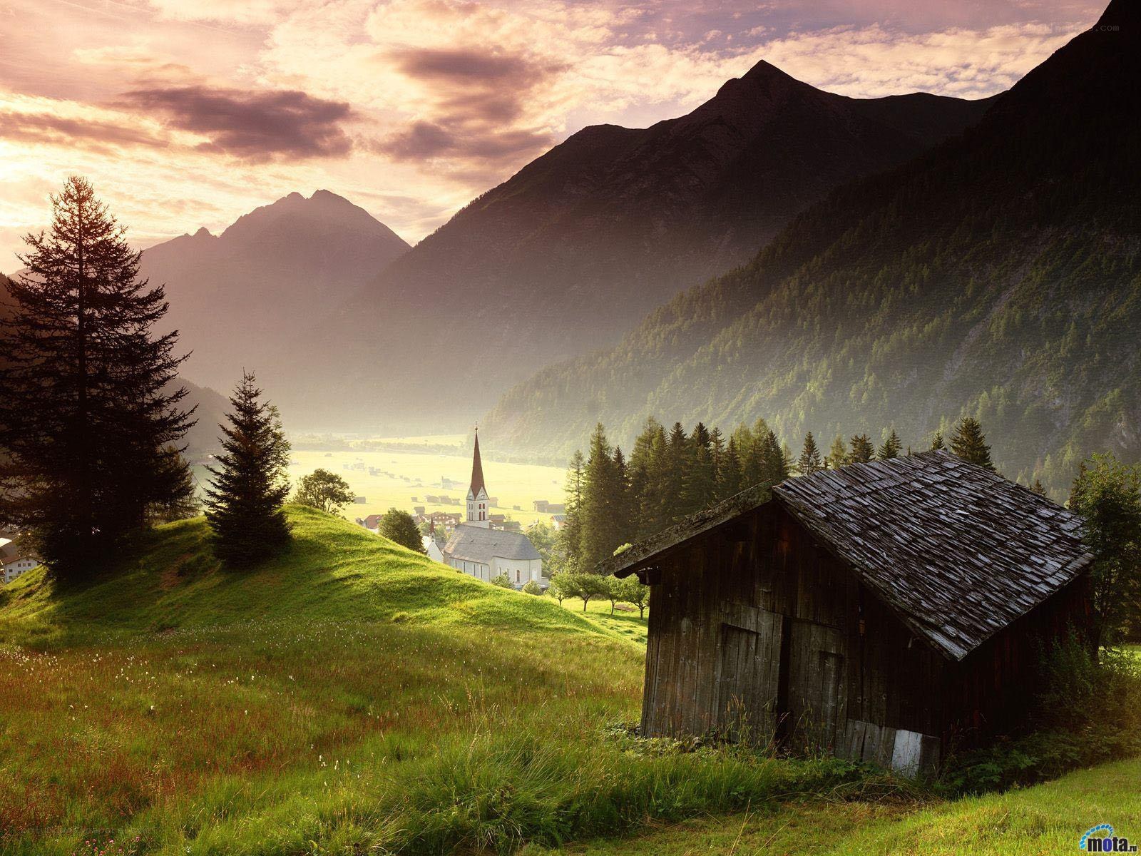 Mountain village at sunset