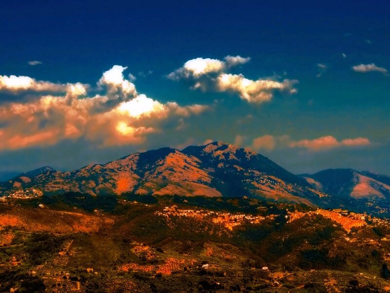 Mountain Village at Sunset — Blue, Dramatic, Photograph
