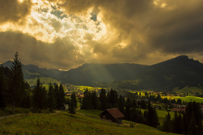 Mountain Village at Sunset — Green, Dramatic