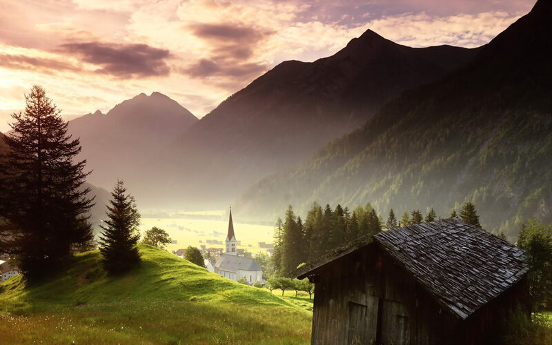 Mountain Village at Sunset — Green, Serene, Photograph, Church