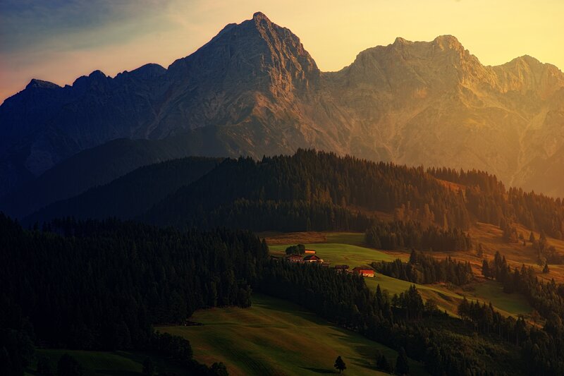 Mountain Village at Sunset — Green, Serene, Photograph, Mountains
