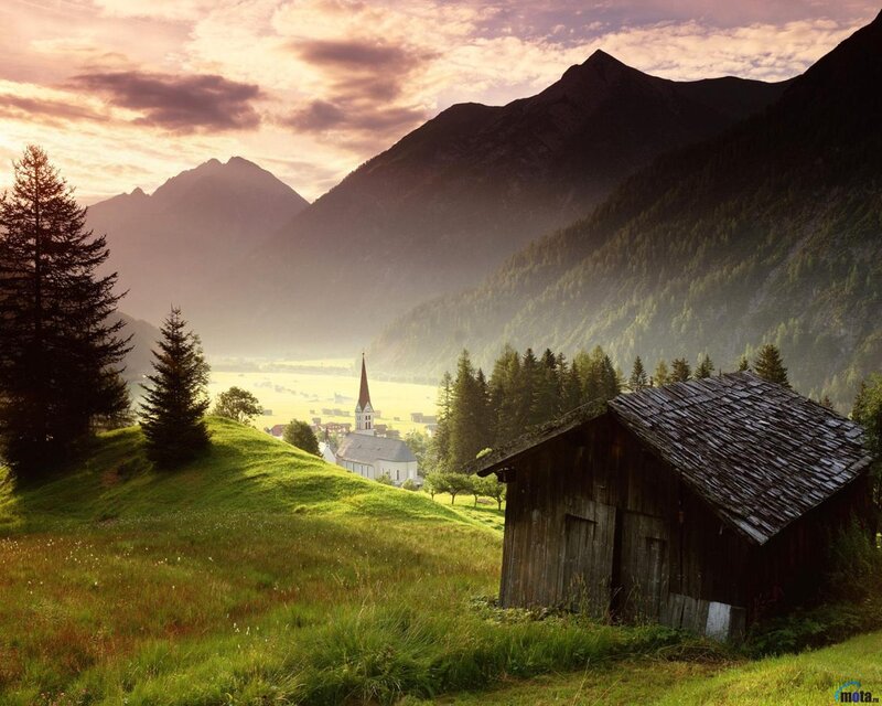 Mountain Village at Sunset — Green, Serene