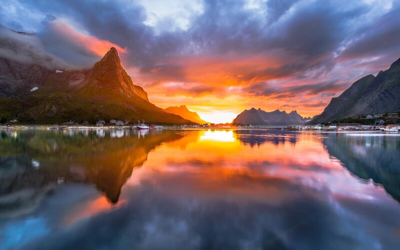 Mountain Village at Sunset — Orange, Dramatic, Photograph