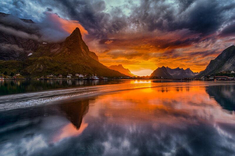 Mountain Village at Sunset — Orange, Dramatic