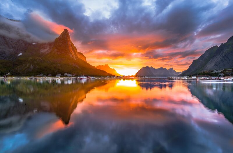 Mountain Village at Sunset — Orange