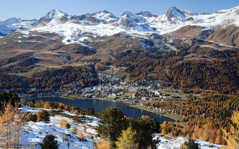 Mountain village by a lake