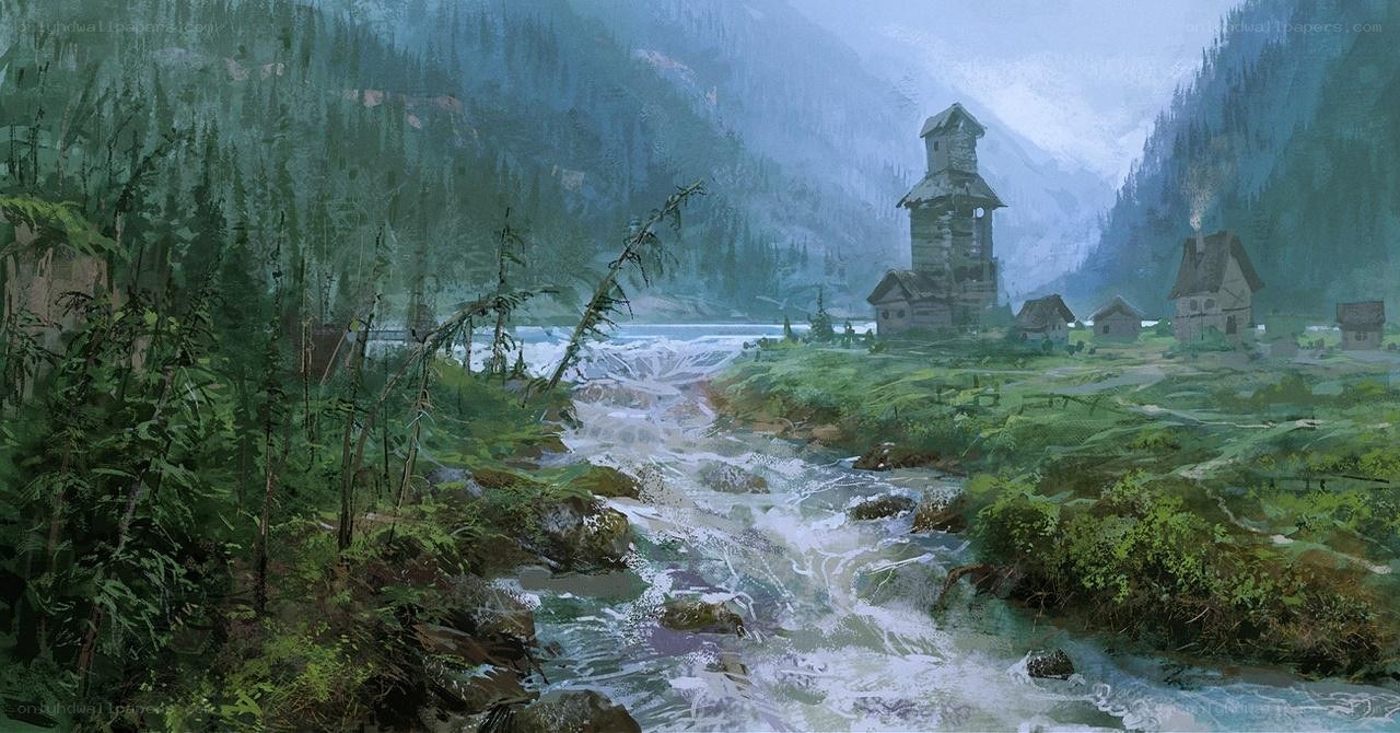 Mountain village by a river