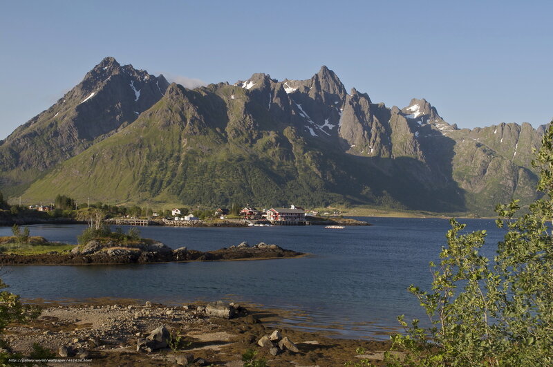 Mountain Village by Fjord — Blue