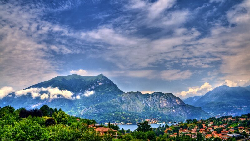 Mountain Village by Lake — Blue, Dramatic
