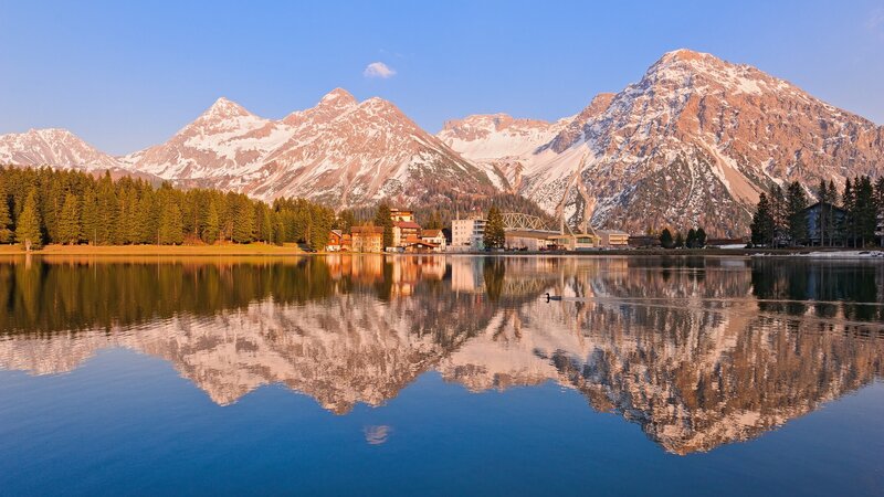 Mountain Village by Lake — Blue, Serene