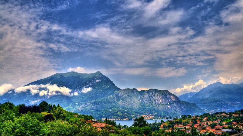 Mountain Village by Lake — Blue