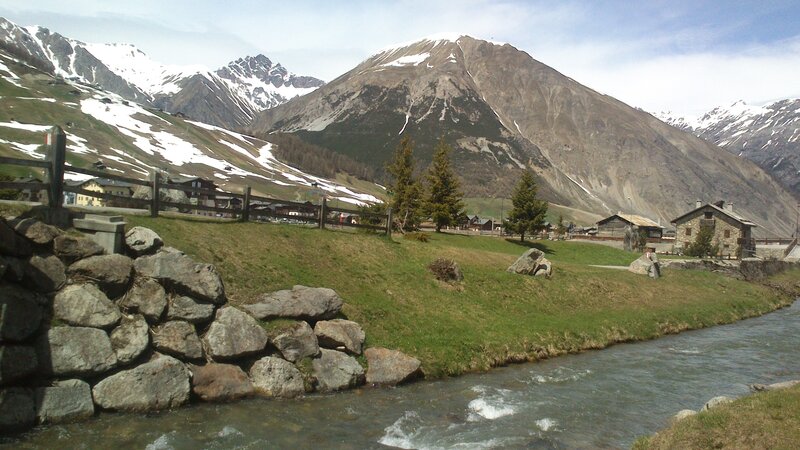 Mountain Village by River — Green