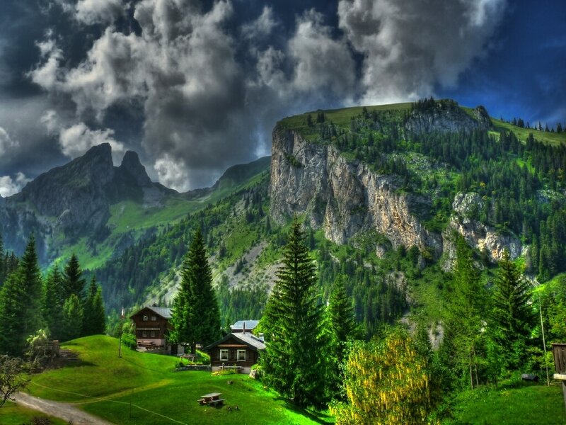 Mountain Village in Alps — Green, Dramatic, Afternoon