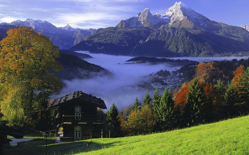 Mountain Village in Autumn — Green, Serene, Photograph
