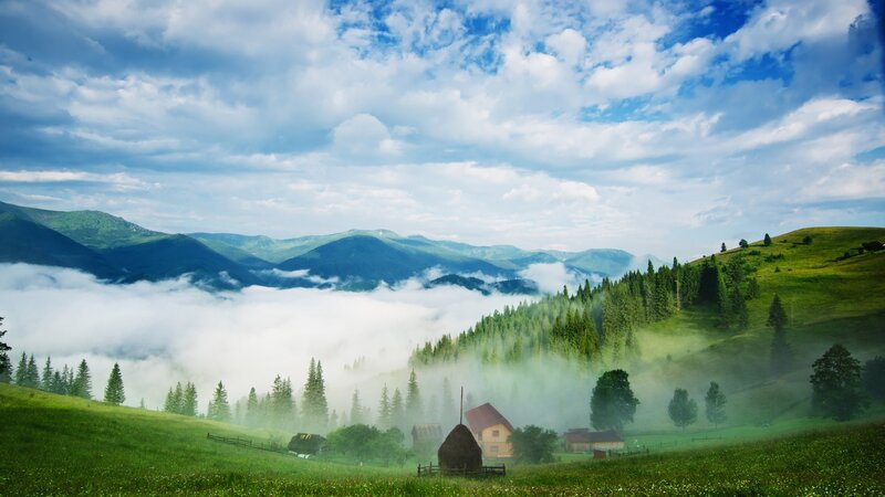 Mountain Village in Fog — Green, Serene, Morning